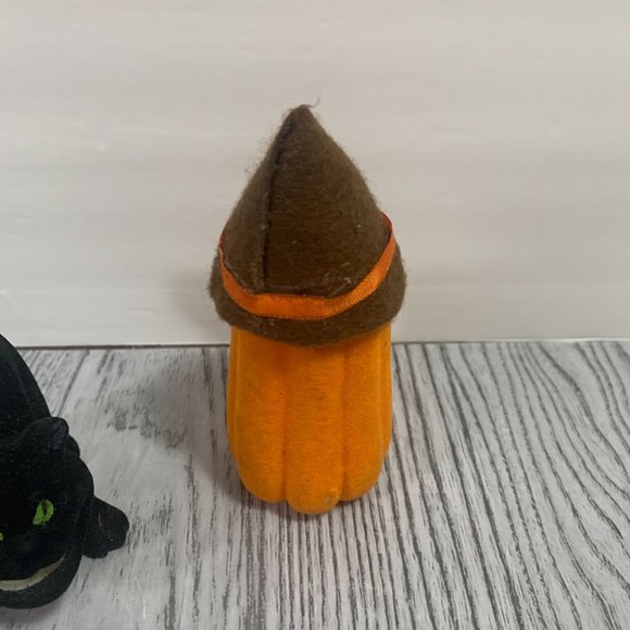 Vintage Russ Flocked Smiling Black Cat Green Eyes And Pumpkin Figures - Picture 6 of 11